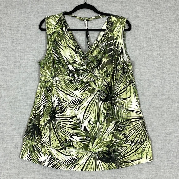 Pennington Sleeveless Top Drapped Collar Green Palm Branches Sz X - Picture 1 of 10